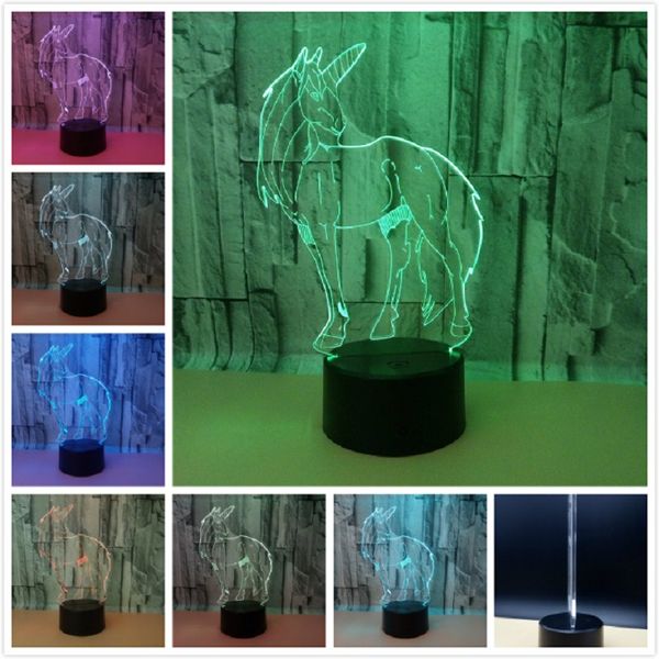 10pcs 3d Unicorn Illusion LED Rave Toy Night Lamp 7 RGB Luzes coloridas USB alimentado com 5ª bateria Bin Touch Button Factory Wholesale