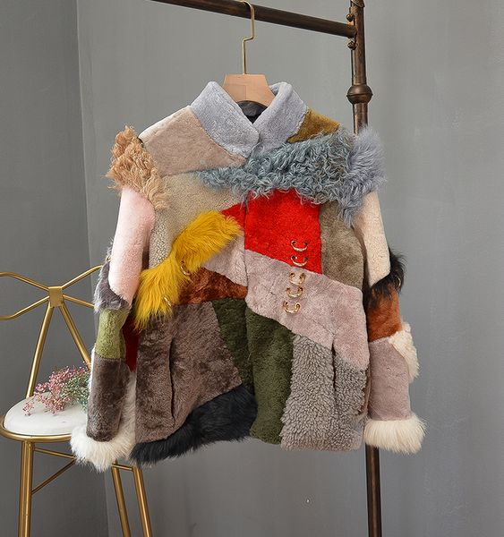 

natural real sheep fur coat multicolor genuine leather jacket women clothes winter lamb fur patchwork parka real thick warm, Black