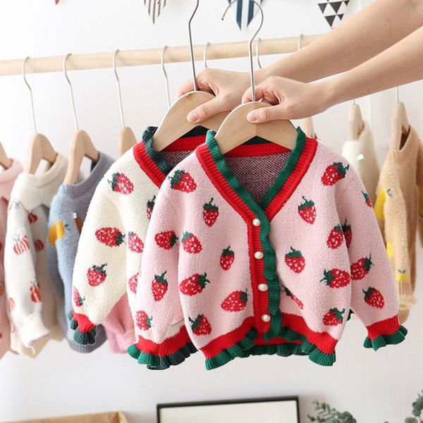 

sweet girl knit cardigan autumn winter wear baby strawberry long sleeve jacket lace ultra ocean sweater with girls denim me, Blue;gray