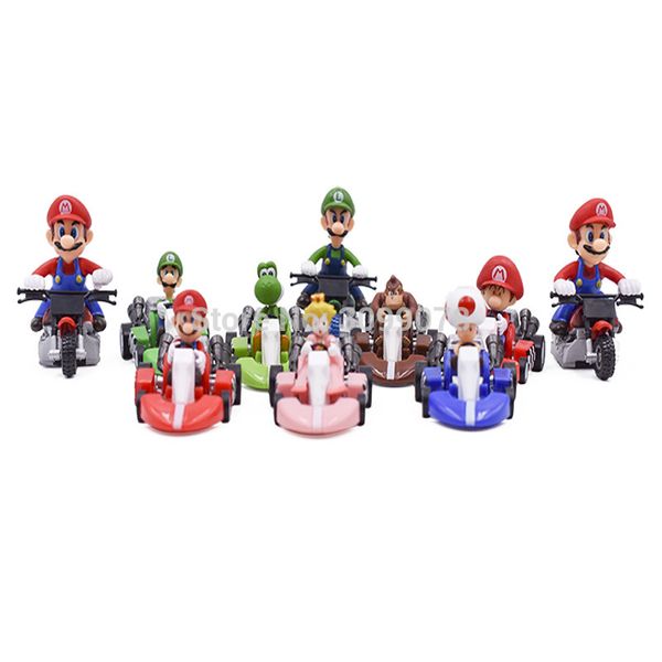 

10pcs/set super mario bros figures 3.5-5cm japan anime luigi dinosaurs donkey kong bowser kart pull back car pvc figma kids toys t200118