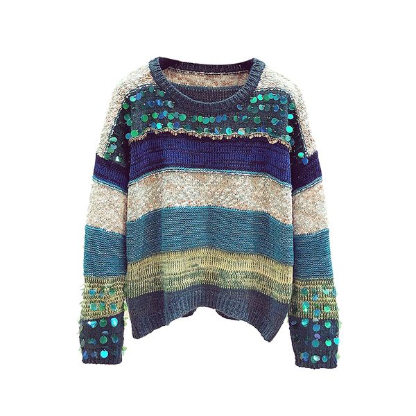 

women multiple striped sparkle sequins patch knit sweater pullover jumpers 2019 autumn winter new arrivals, White;black