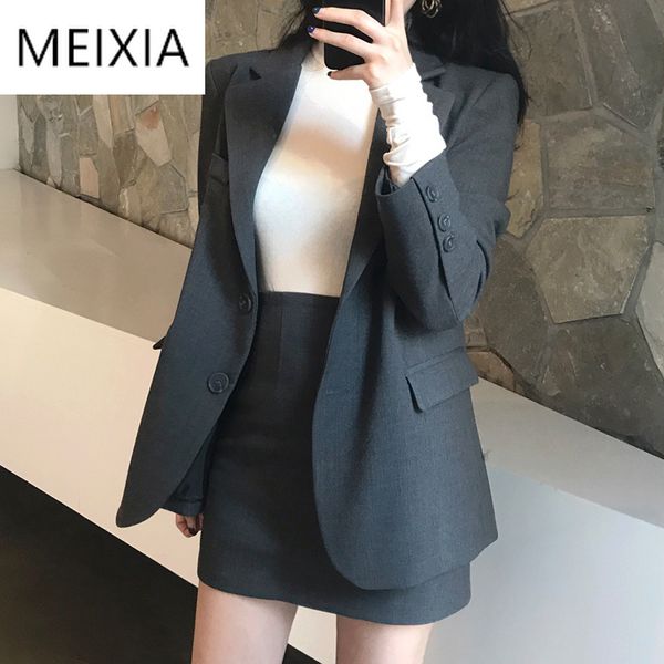 

meixia autumn winter women two piece set casual turn-down collar single breasted + skirt mini office lady suit 2 piece set, White