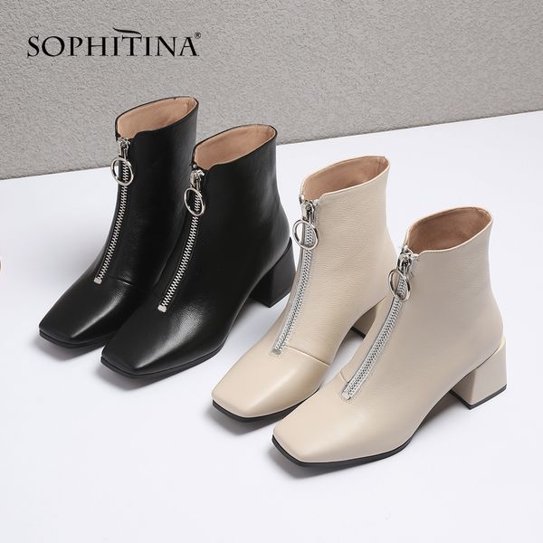 

sophitina new fashion genuine leather square heel ladies boots casual outside square toe shoes basic med heel women boots so221, Black