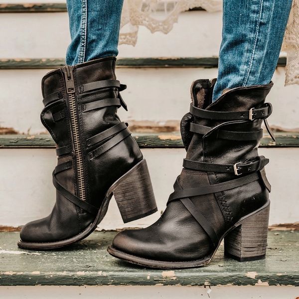 

women ladies retro square heels ziper casual shoes rome boots leather ankle boots women shoes high heels new, Black