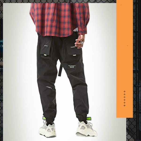 

sports fashion brand cargo pants men's autumn new small feets large pockets letter printed casual pants, Black
