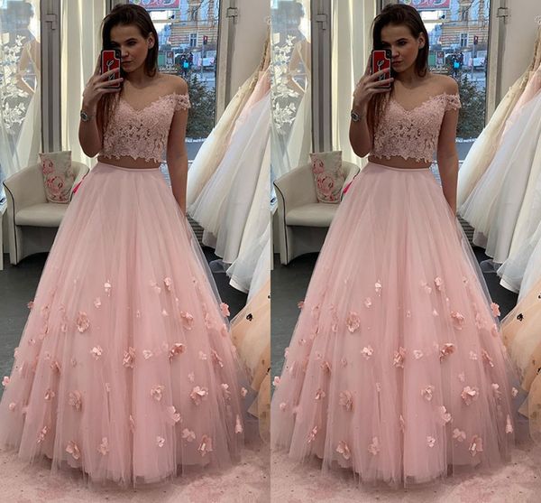 Ballkleider mit 3D-Blumen, bestickt, 2019, Rosa, 2-teilig, Perlen, Pailletten, schulterfrei, Partykleid, Abendkleider, Abschlusskleid, lang