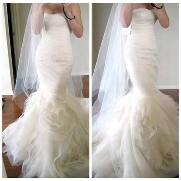 

beautiful strapless white tulle unique wedding dress tiered skirt brush train mermaid wedding dresses lace up back vestidos cortos de fiesta