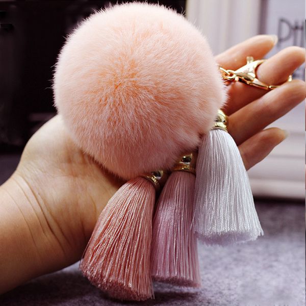 

classic and elegant ice silk tassel women keychain rabbit hair bulb plush accessories for gift, Silver