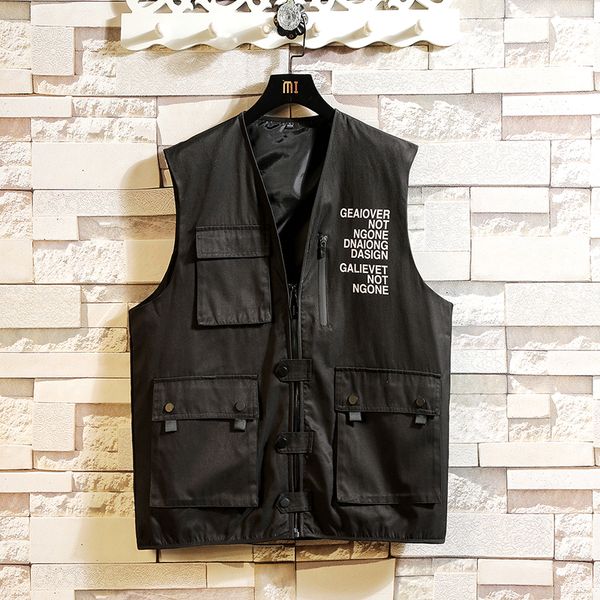 

2019 autumn spring clothes sleeveless jacket vest men's multi-pockets pgraphy fish thin waistcoat plus size xl-4xl, Black;white