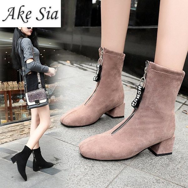 

2019 new women's comfortable non-slip boot women's boots fashion trend thick with round head suede high-heeled boots mujer, Black