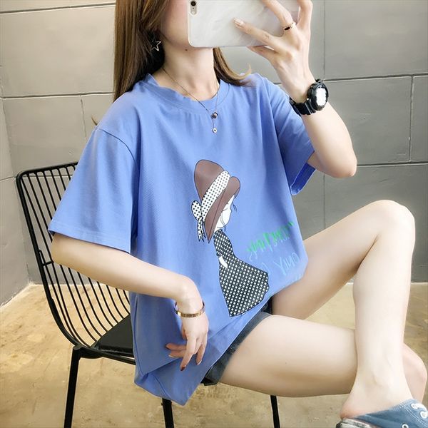 

200 jin fat mm loose large size short-sleeved female t-shirt 2020 cartoon printed ins fashion, White