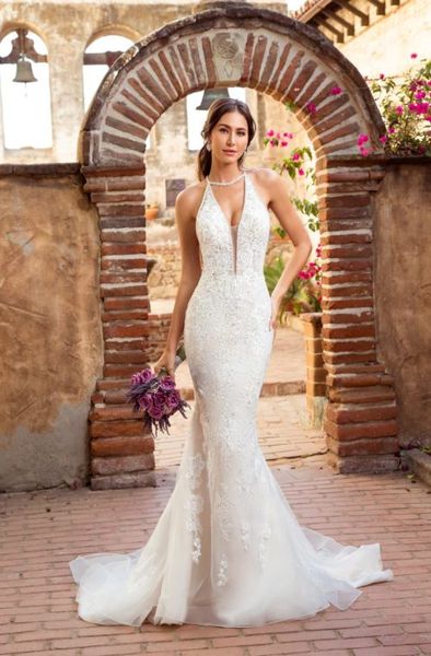 Kitty Chen 2020 Brautkleider Halter tiefer V-Ausschnitt Spitze Applikationen Böhmen Brautkleider Sexy rückenfreies Meerjungfrau-Hochzeitskleid Robe De270S