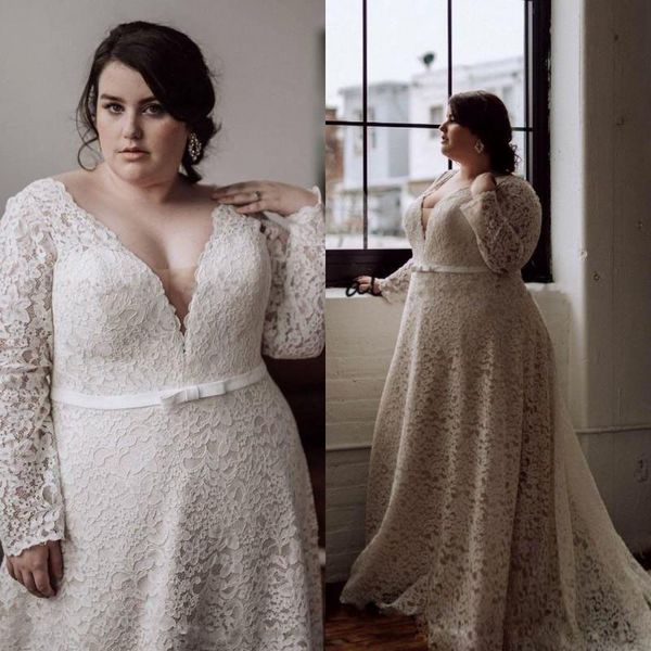 

plus size full lace a line wedding dresses v neck long sleeve bow tie belt court train full lace bridal gowns, White