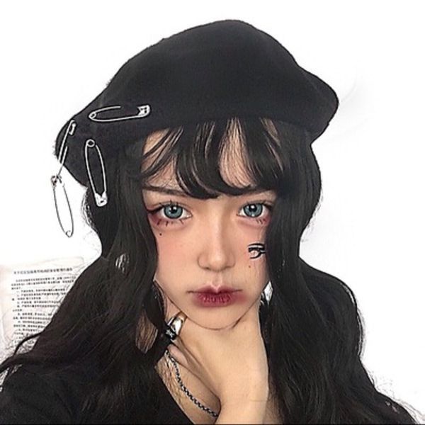 

2020 autumn winter new solid beret female bonnet caps black women gothic pin beret hat warm walking hat cap girls punk hats, Blue;gray