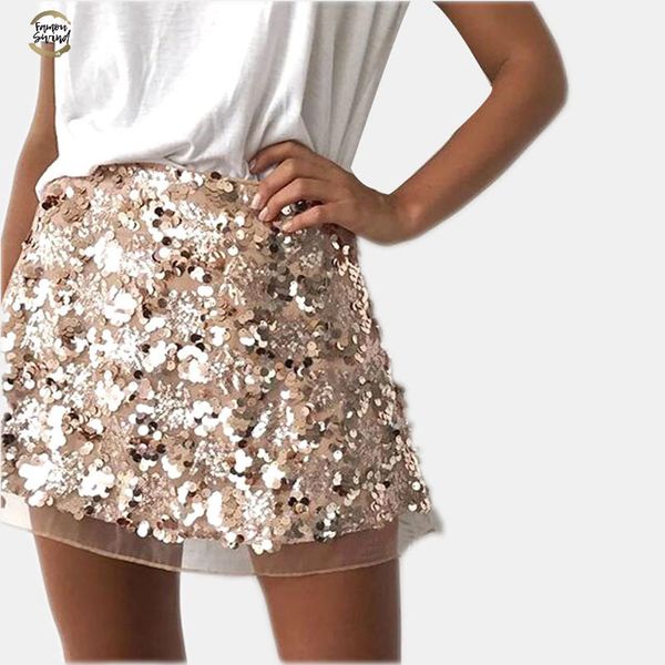 

fashion brand women sequins skirt gold sliver color mini skirts vintage high waist a line short skirt female, Black