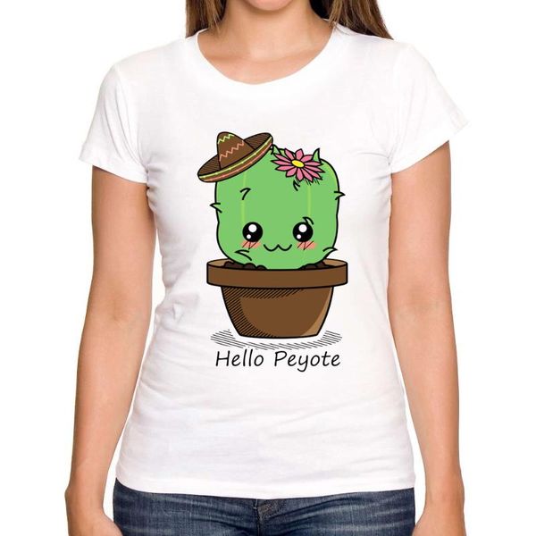 

2020 fashion hello cactus women t-shirt cartoon printed lady summer short sleeve novelty tee, White