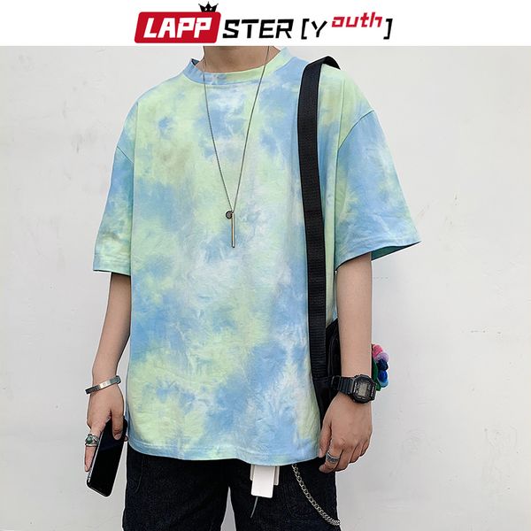 

lappster-youth summer men tie dye kpop tshirts 2020 mens harajuku streetwear oversized pink t-shirts male hip hop tees, White;black