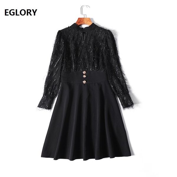 

tassel party vestidos 2019 spring fashion women stand neck golden button deco long sleeve slim fitted a-line black dress elegant, Black;gray