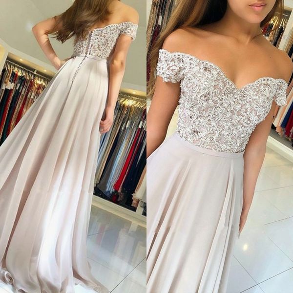

graceful off shoulder a line prom dress crystal beads appliqued lace floor length chiffon covered button evening gown for special occasion, Black