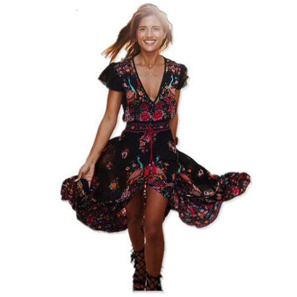 

женщины платье одежда женской 2019 летнего платья boho платье этнического sexy печать vintage бич платье богемского robe vintage vestidos хи, Black;gray