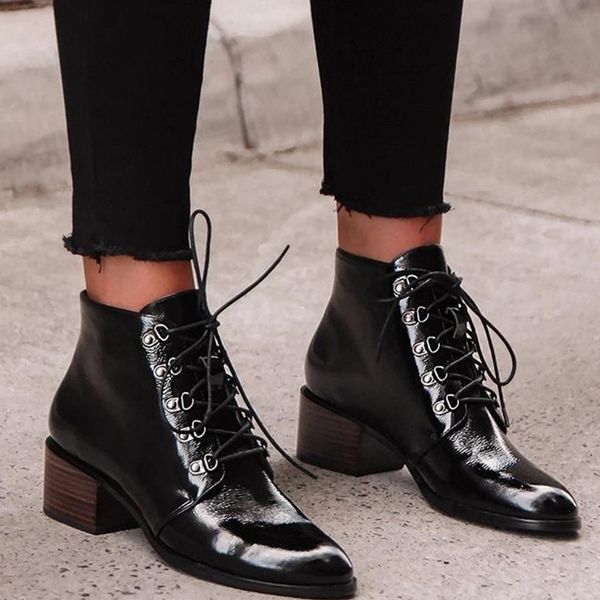 

woman ankle boots square heels 2020 women pointed toe boots women's lace up high heels ladies fashion footwear plus size, Black