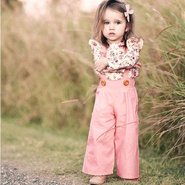 

toddler baby girls long sleeve floral +solid overalls pants clothes outfits, White