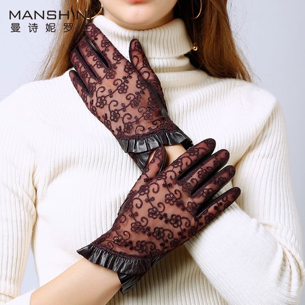 

winter women' fashion driving touch screen gloves lace splicing genuine leather glove sheepskin thin slip-proof gloves l082, Blue;gray