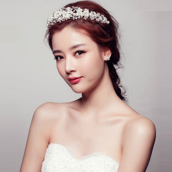 

rhinestones pearl tiaras crowns hair jewelry wedding bride headpiece hair accessories handmade women crystal hairbands ornaments, Golden;white