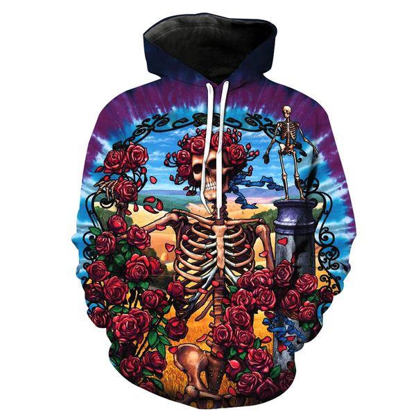 

european and american foreign trade skull print hooded pocket pullover men's tide hooded men's clothing blouse hoodies, Black
