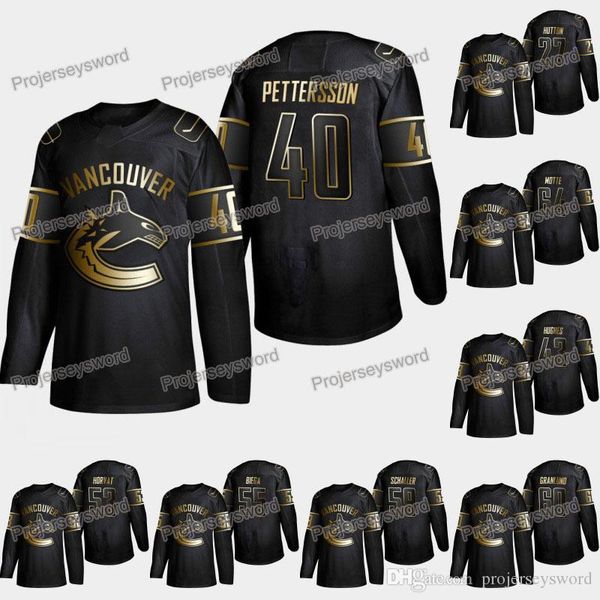 

Vancouver Canucks Elias Pettersson 2019 Golden Edition Jersey Bo Horvat Ben Hutton Quinn Hughes Alex Biega Tim Schaller Tyler Motte Jerseys