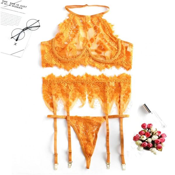 

2020 woman unlined lace bra set and thong garter belt underwire flower lace eyelash garter lingerie set - bee yellow, Red;black
