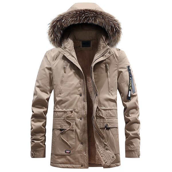 

men 2019 winter long casual fur collar hooded jacket parkas men new outdoor fashion warm fleece thick cotton coat parka, Black