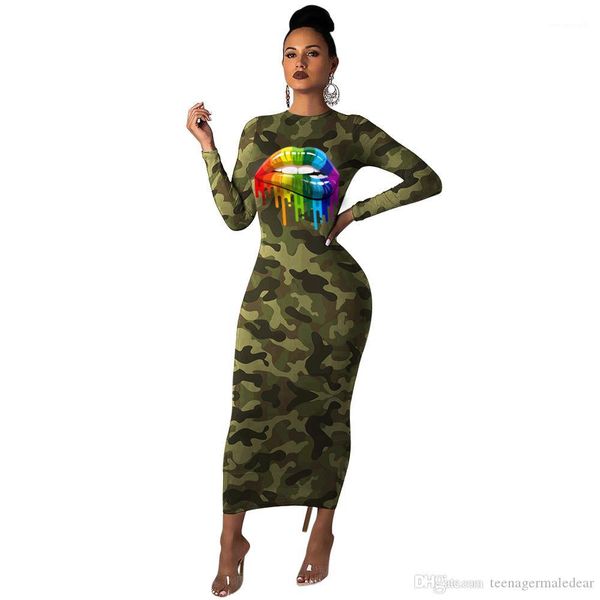

party dresses rainbow lip camouflage printed autumn club slim long sleeved crew neck bodycon dresses fashion women dresses womens, White;black