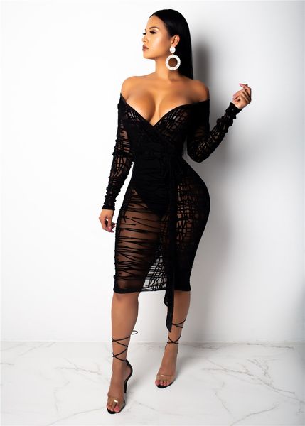 

партия платья женской одежды сборка sheer кружево bodycon платье плюс размер s женщины sexy v шея плечо с длинным рукавом оболочка midi, Black;gray