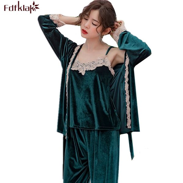 

fashion autumn winter pajamas set long sleeve warm pajama for women gold velvet lace pijamas women sleepwear pyjama femme, Black;red