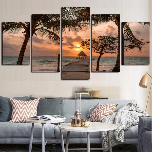 

5 piece home living room decor artwork giclee tropical zone trees wooden bridge sunset scenery canvas wall decor