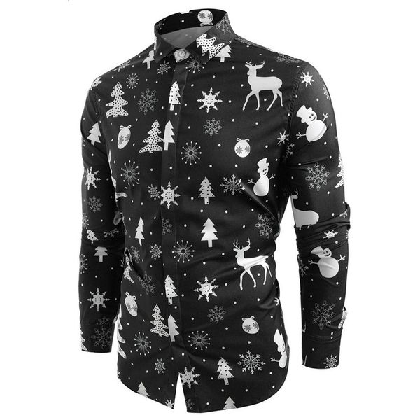 

funnyshirt printed long sleeve button men clothes casual snowflakes christmas deer printed christmas shirt new year party blouse, White;black