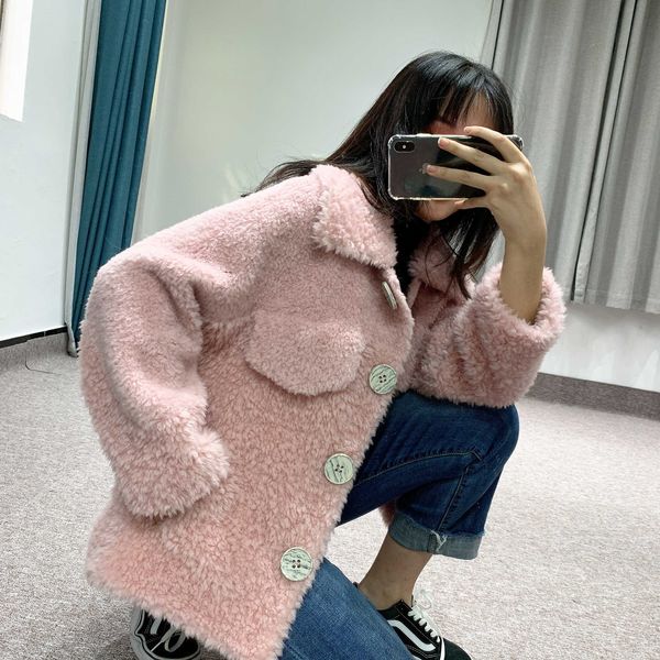 

sheep sheared coat women's 2019 new winter short aimeria pasha composite fur one piece fur coat pink, Black