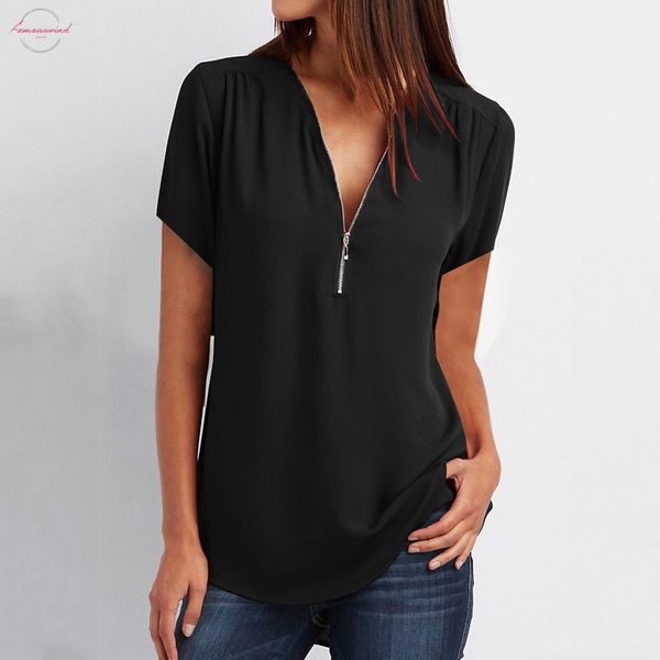 

2019 women short sleeve zipper spring casual colored cotton ladies deep v neck feminine t shirt fashion loose summer 2, White