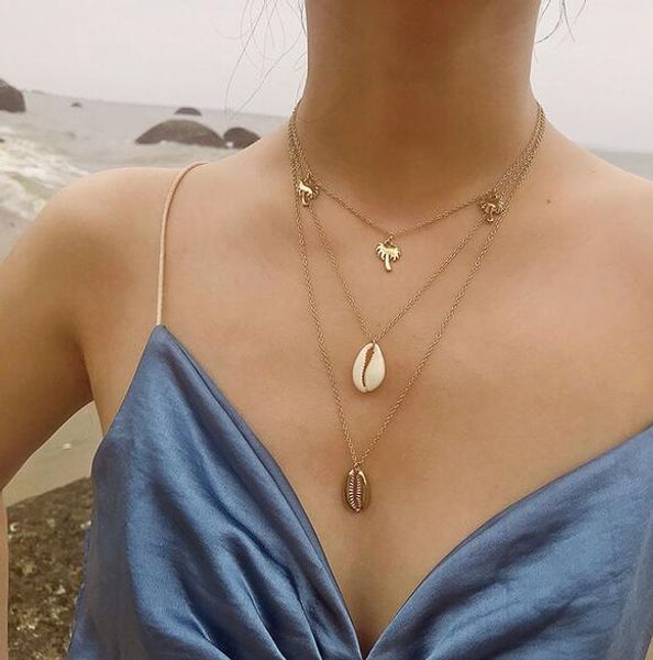 

fashion bohemian alloy coconut tree shell necklace female ethnic layered necklaces women jewelery woman pendant choker j0235, Silver