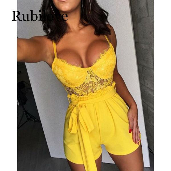 

rubilove slim strap lace jumpsuits for women 2019 low cut sashes jumpsuit summer club bodysuit beach overalls for woman, Black;white