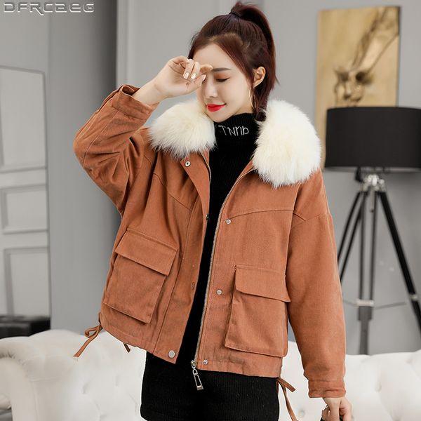 

new 2020 streetwear women winter jacket warm velvet thick fur parka femme hiver harajuku big pockets drawstring ladies coats, Black
