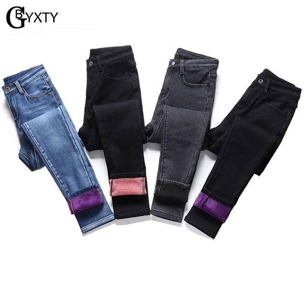 

gbyxty plus size jeans winter thick fleece jeans for women high waist stretchy skinny fur pencil denim pants trousres 1849, Blue