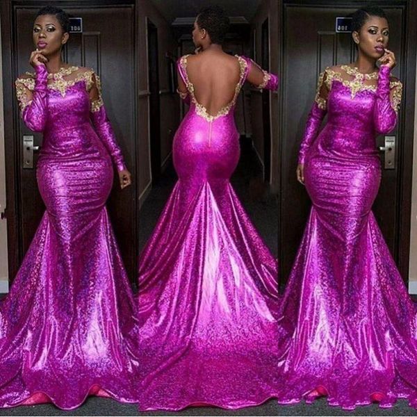 

2020 african long sleeves evening gowns sheer neck gold appliques mermaid prom dress long sequined party dress vestidos, White;black