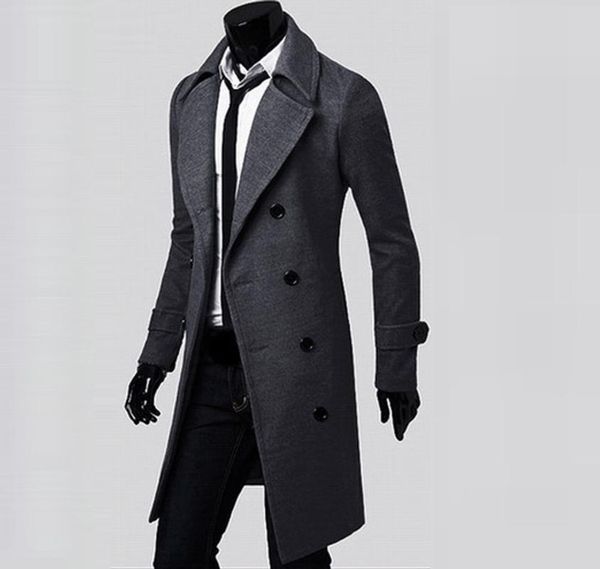 

2020 зима мужчины длинные пальто тонкий стильный пальто двойной брестед длинная куртка утепленная твердая мода мужской wool, Black