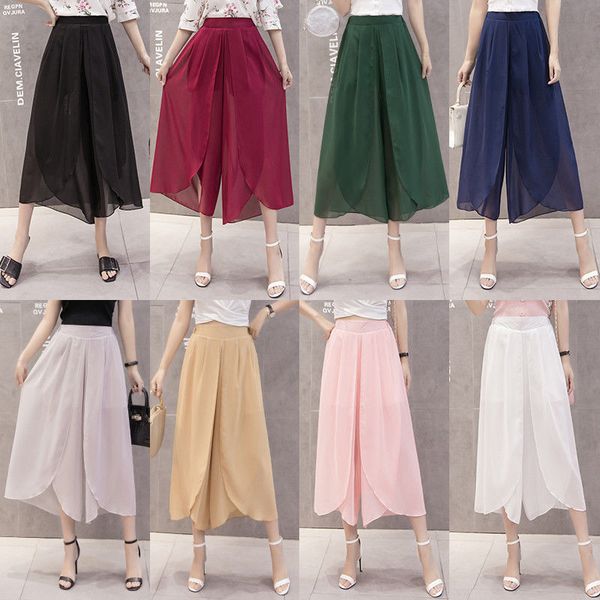 

women chiffon sheer wide leg pants mesh loose culottes casual summer asymmetric, Blue