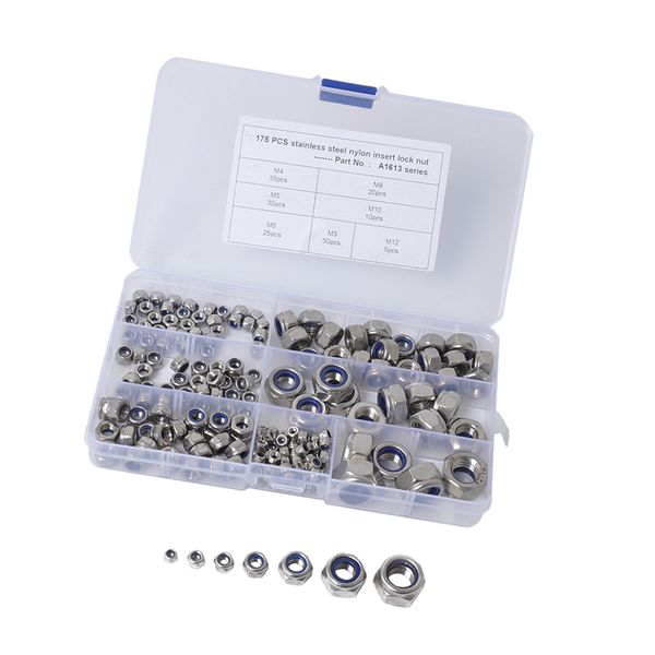 

set of 175 stainless steel m3 m4 m5 m6 m8 m10 m12 nylon insert lock hex nuts