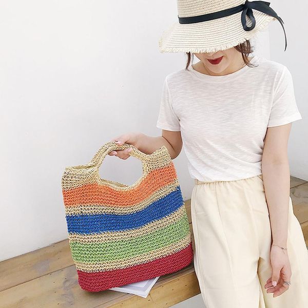 

women braided rainbow beach handbag straw basket crossbody bag woven straw shoulder bag tote