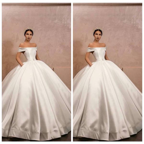 

bateau short sleeves ball gown wedding dresses satin 2019 modest floor length customized long bridal gowns princess vestidos de marriage, White