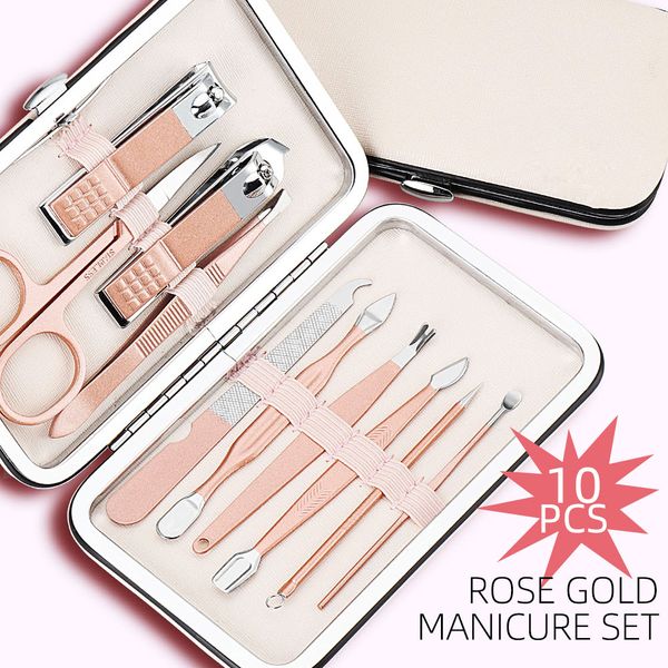 

10pcs/set rose gold manicure nail tools double sided cuticle pusher nail clipper eyebrow scissor tweezer picker stainless steel